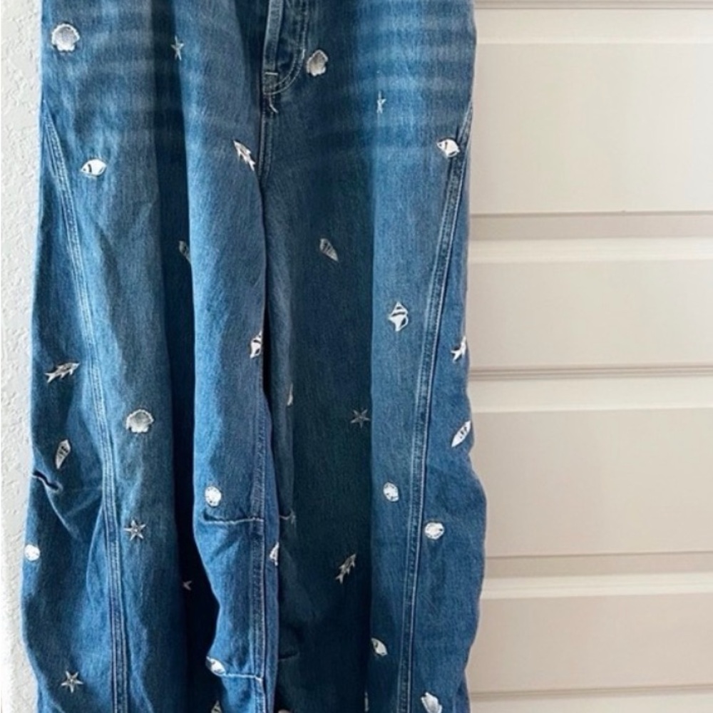Free People wide leg Embroidered Jean Westward We the Free Seashell - Picture 3 of 4
